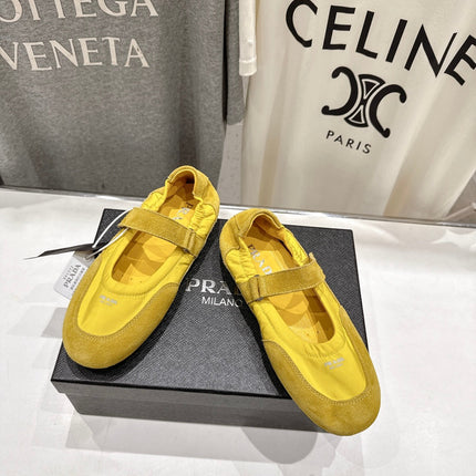 PRADA 25S COLLAPSE RE NYLON AND SUEDE BALLERINAS IN LEMON YELLOW