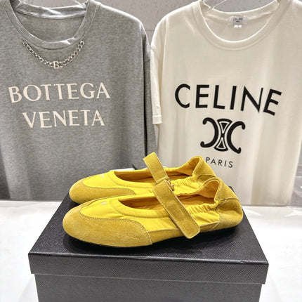 PRADA 25S COLLAPSE RE NYLON AND SUEDE BALLERINAS IN LEMON YELLOW