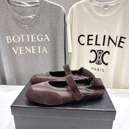 PRADA 25S COLLAPSE RE NYLON AND SUEDE BALLERINAS IN COFFEE