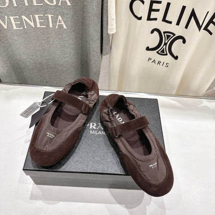 PRADA 25S COLLAPSE RE NYLON AND SUEDE BALLERINAS IN COFFEE