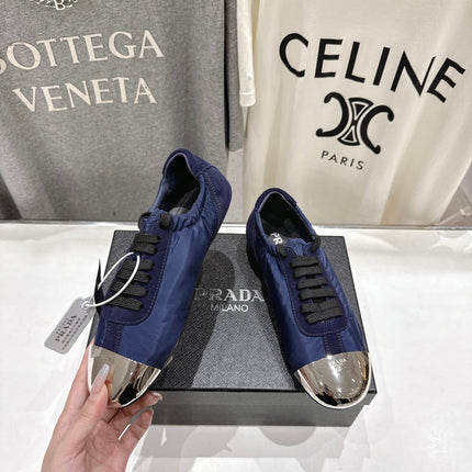 PRADA 25S COLLAPSE RE NYLON AND SUEDE SNEAKERS IN DARK BLUE WITH METAL TOECAP
