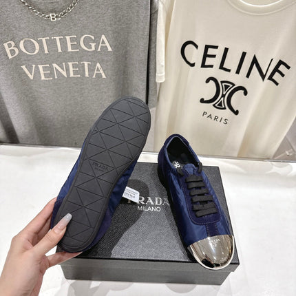 PRADA 25S COLLAPSE RE NYLON AND SUEDE SNEAKERS IN DARK BLUE WITH METAL TOECAP