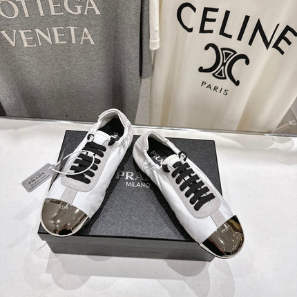 PRADA 25S COLLAPSE RE NYLON AND SUEDE SNEAKERS IN WHITE WITH METAL TOECAP