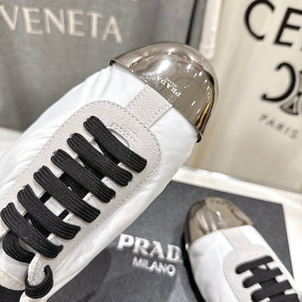 PRADA 25S COLLAPSE RE NYLON AND SUEDE SNEAKERS IN WHITE WITH METAL TOECAP