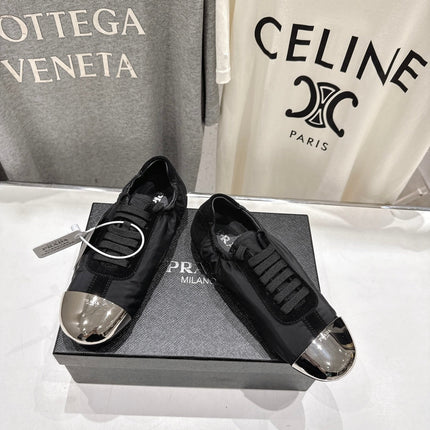 PRADA 25S COLLAPSE RE NYLON AND SUEDE SNEAKERS IN BLACK WITH METAL TOECAP