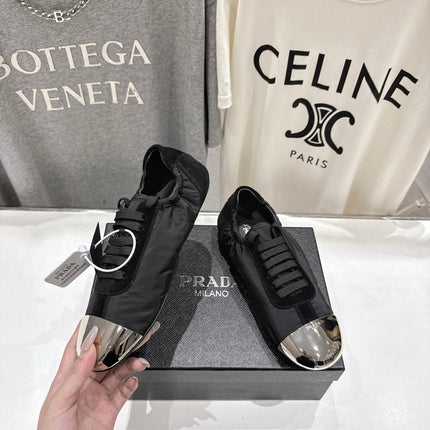 PRADA 25S COLLAPSE RE NYLON AND SUEDE SNEAKERS IN BLACK WITH METAL TOECAP