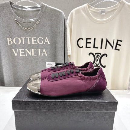 PRADA 25S COLLAPSE RE NYLON AND SUEDE SNEAKERS IN PLUM WITH METAL TOECAP