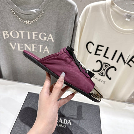PRADA 25S MULES IN PLUM WITH METAL TOECAP