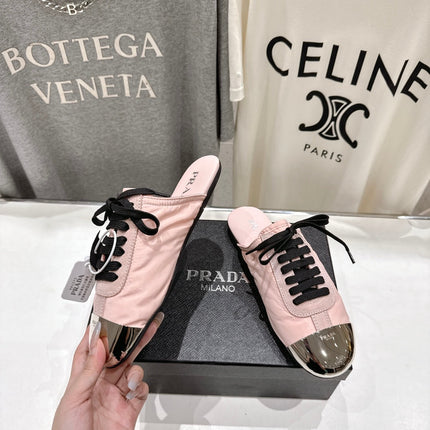 PRADA 25S MULES IN LIGHT PINK WITH METAL TOECAP
