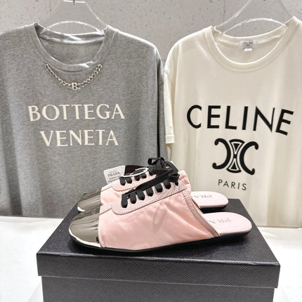 PRADA 25S MULES IN LIGHT PINK WITH METAL TOECAP