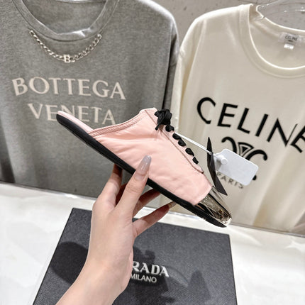 PRADA 25S MULES IN LIGHT PINK WITH METAL TOECAP