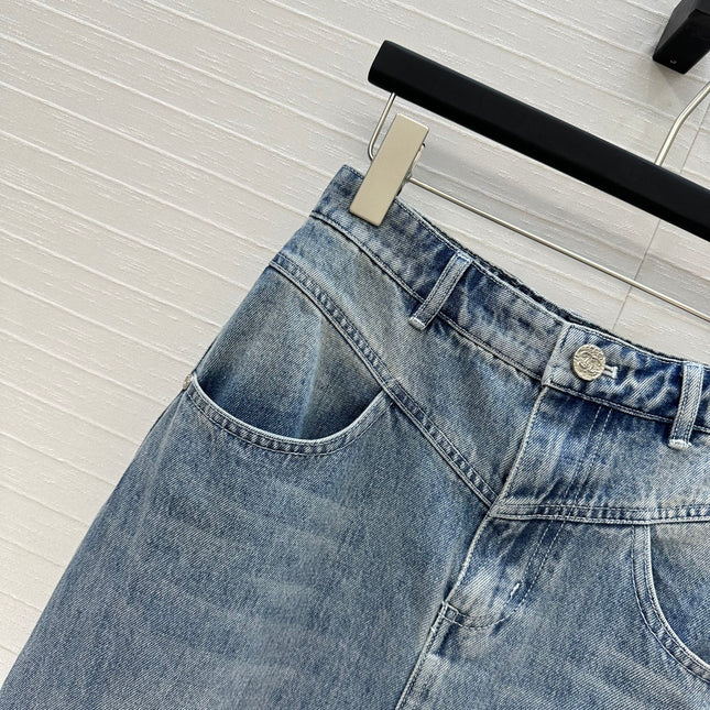CC 25 Embroidered Midi Skirt Blue Denim Cotton