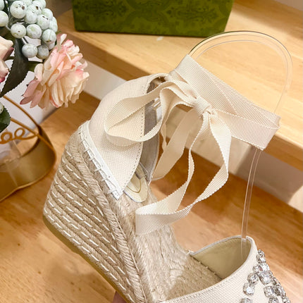 PLATFORM WITH RHINESTONE LOGO IN CREAM BEIGE CANVAS AND STRAW LINING