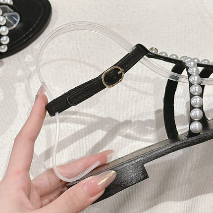 CC SANDALS PEARL ROMAN IN BLACK LAMBSKIN