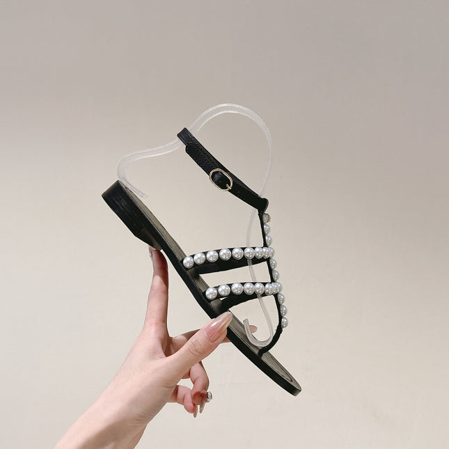 CC SANDALS PEARL ROMAN IN BLACK LAMBSKIN
