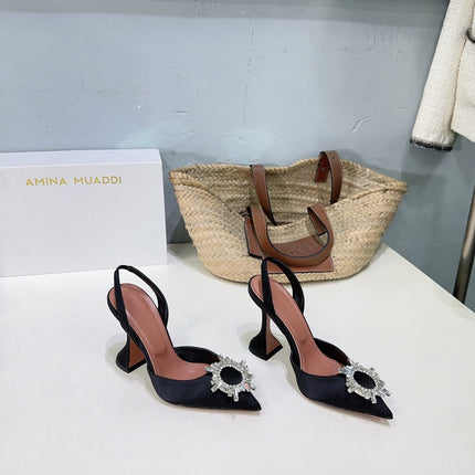 AMINA CRYSTAL 100MM HIGH HEELS IN BLACK SATIN