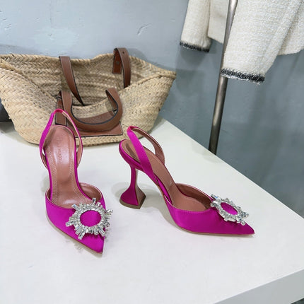 AMINA CRYSTAL 100MM HIGH HEELS IN FUCHSIA PINK SATIN