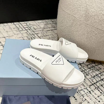 PRADA 25S RUBBER SLIDE IN WHITE CALFSKIN WITH LOGO