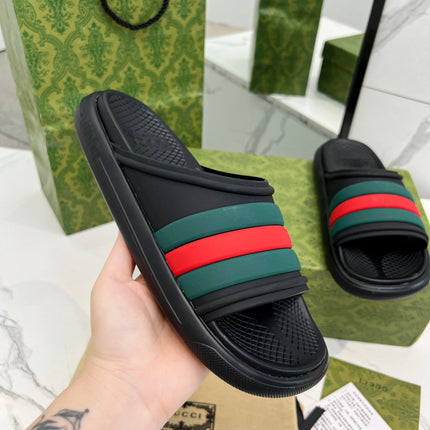 PLATFORM SLIPPERS IN BLACK MIX GREEN AND RED IMPORTED TPU