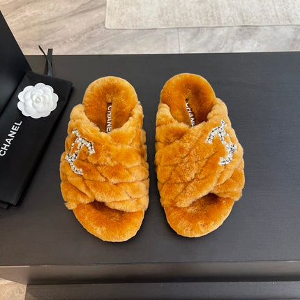 SAFETY ORANGE FUR CROSS STRAP SLIPPERS