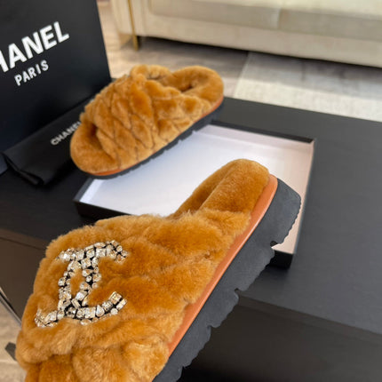SAFETY ORANGE FUR CROSS STRAP SLIPPERS