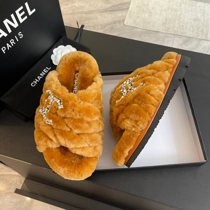 SAFETY ORANGE FUR CROSS STRAP SLIPPERS