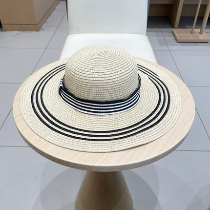 WIDE BRIM HAT MODEL 650408 IN CREAM WHITE BLACK STRIPES WOVEN STRAW