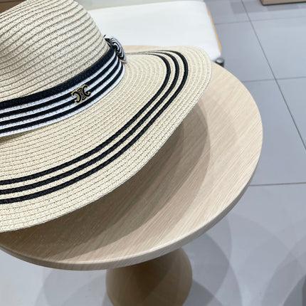 WIDE BRIM HAT MODEL 650408 IN CREAM WHITE BLACK STRIPES WOVEN STRAW