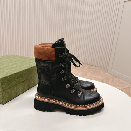 MARTIN LACE-UP ANKLE BOOTS IN BLACK EMBOSSED CALFSKIN MIX BROWN SUEDE