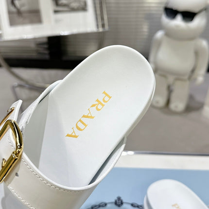 PRADA 25S STRAP SLIDES 30MM IN WHITE CALFSKIN GOLD HARDWARE