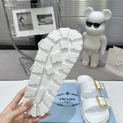 PRADA 25S STRAP SLIDES 30MM IN WHITE CALFSKIN GOLD HARDWARE
