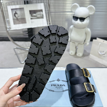 PRADA 25S STRAP SLIDES 30MM IN BLACK CALFSKIN GOLD HARDWARE