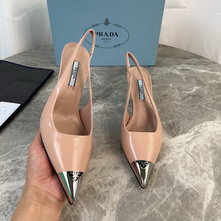 PRADA 25S METAL-TOE SLINGBACK PUMPS IN WARM BEIGE CALFSKIN