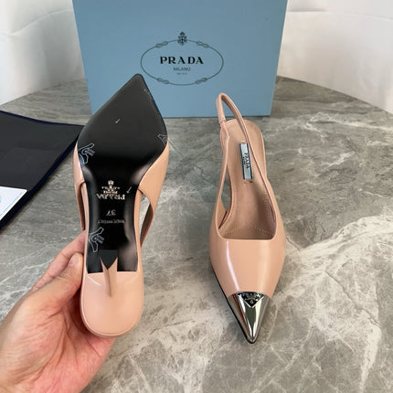PRADA 25S METAL-TOE SLINGBACK PUMPS IN WARM BEIGE CALFSKIN