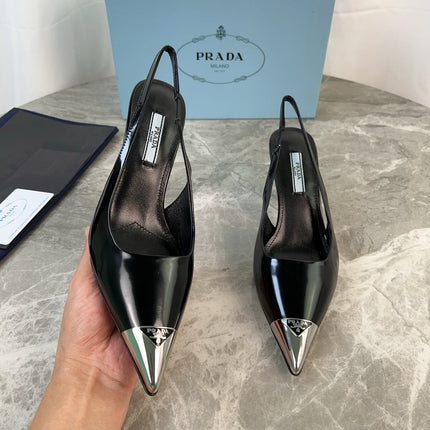 PRADA 25S METAL-TOE SLINGBACK PUMPS IN BLACK CALFSKIN
