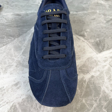 PRADA 25S MONTECARLO ANTIQUED SNEAKERS IN NAVY BLUE SUEDE