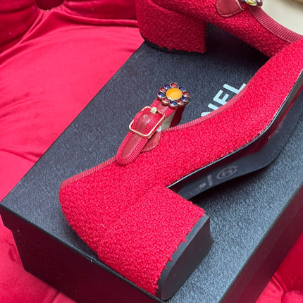 HIGH MARY JANE SHOES CHERRY RED WOOL TWEED