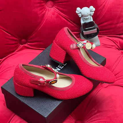 HIGH MARY JANE SHOES CHERRY RED WOOL TWEED