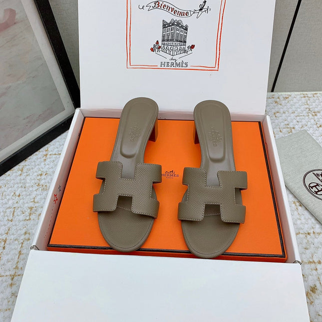 HM OASIS SANDAL HEEL 50MM IN TAUPE BROWN CALFSKIN