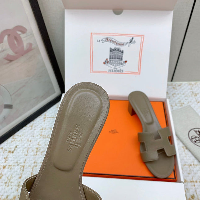 HM OASIS SANDAL HEEL 50MM IN TAUPE BROWN CALFSKIN