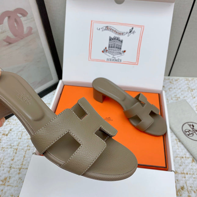 HM OASIS SANDAL HEEL 50MM IN TAUPE BROWN CALFSKIN