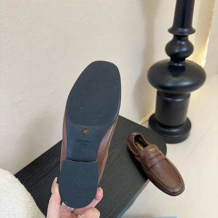 PRADA 25S SHUFFLE LOAFERS IN EARTH BROWN CALFSKIN