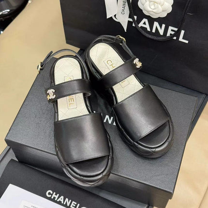 CC HIGH WEDGE SANDALS IN BLACK LAMBSKIN