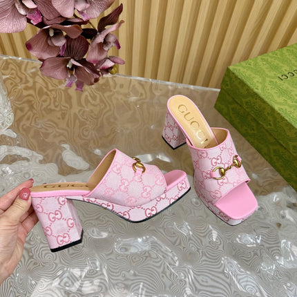 HORSEBIT SLIDE SANDAL IN PINK MONOGRAM CANVAS AND SHEEPSKIN LINING