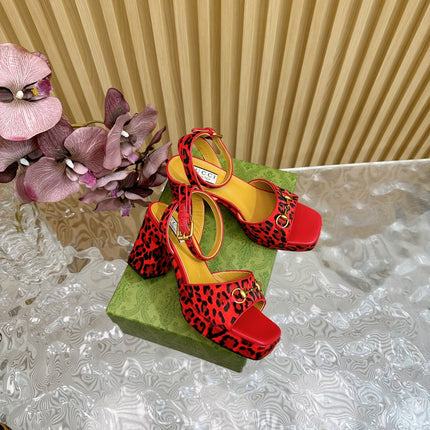 HORSEBIT HIGH-HEEL SANDAL WITH LEOPARD PRINT IN RED VELVET AND CALFSKIN LINING