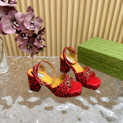 HORSEBIT HIGH-HEEL SANDAL WITH LEOPARD PRINT IN RED VELVET AND CALFSKIN LINING