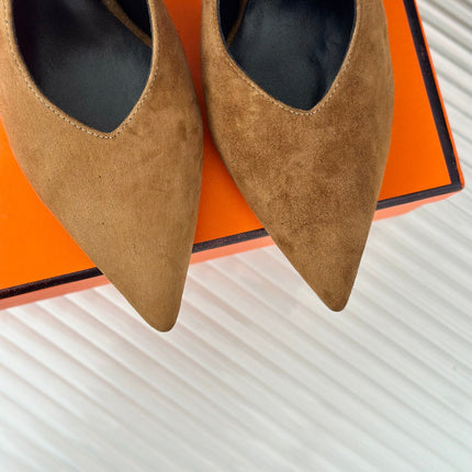 HIGH HEEL 75 MM POINTED- TOE SANDAL IN CIDER BROWN SUEDE