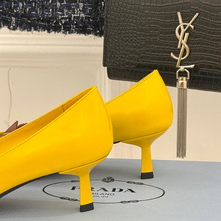 KITTEN HEEL PUMPS IN YELLOW MIX BROWN ORANGE CALFSKIN