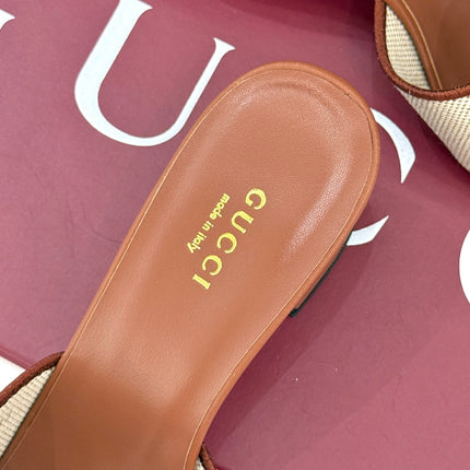 MID-HEEL MULE IN BROWN CALFSKIN AND CREAM WHITE FABRIC