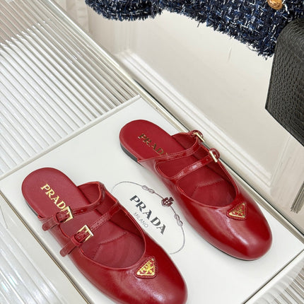 PRADA 25S DUAL MARY JANE BALLERINA MULES IN RED WINE CALFSKIN
